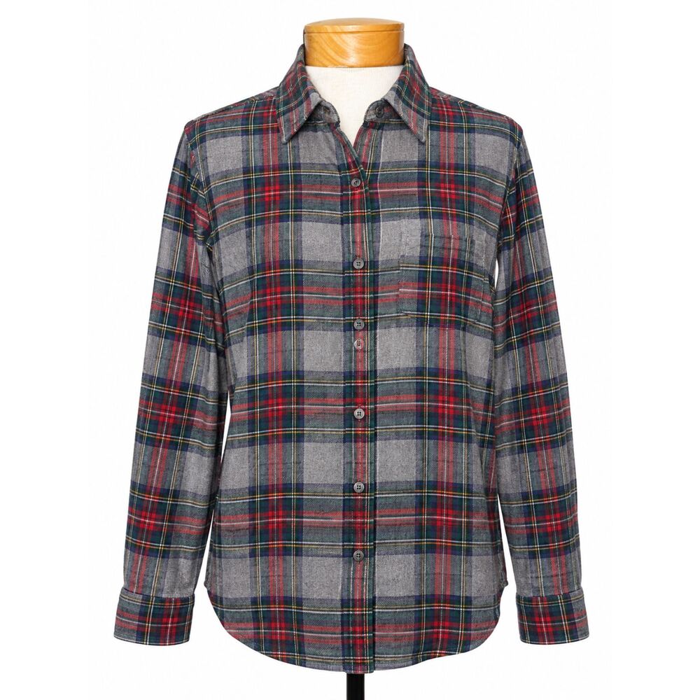 LL Bean Relaxed Fit Scotch Tartan Plaid Flannel Shirt XL Grey 100% Cotton